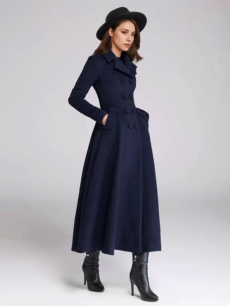 Wool Blend Flared Coat For Women Dark Navy Double-breasted Wide Lapel A-line Winter Outerwear 2026