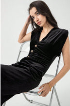 Velvet Ruched V-Neck Bodycon Midi Dress