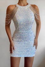 Sequin Halter Neck Beaded Strap Detail Bodycon Mini Dress