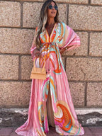 Geometric Kaftan Dress for Women - Boho Drawstring Waist High Slit Maxi Cover-up Dress - Summer Beach Resort Wear 2026