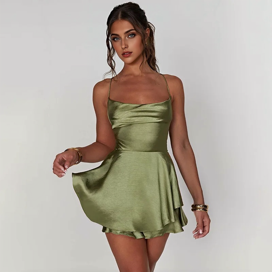 Satin Cowl Neck Spaghetti Strap Tiered Ruffle Waistband Mini Dress