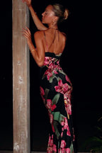 Satin Floral Print Deep V-Neck Lace Trim Empire Waist Maxi Slip Dress