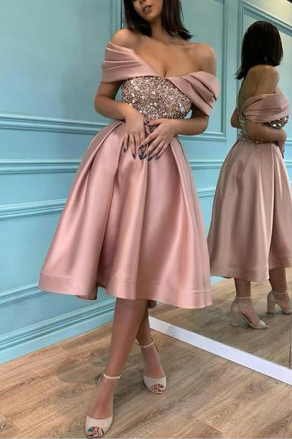Off Shoulder Sequin Corset Bodice Pleated Satin Cocktail Dress