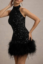 Kate Minimalist Iridescent and Playful Stretch Mini Dress with High Neck Sequin Trim and Feather Statement Occasion Edit