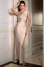 Satin Cowl Neck Open Back Bias Cut Slip Maxi Formal Dress