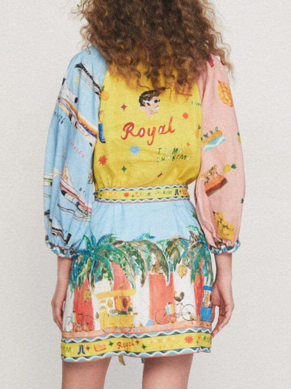 Tropical Scenic Print Balloon Sleeve Tie Waist Shirt Mini Dress