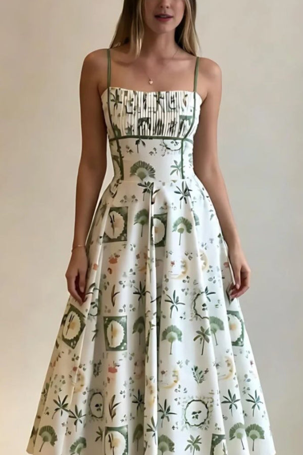 Unique Printed Thin-strapped Pleated Waist Casual Maxi Dress