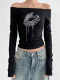Off Shoulder Lip Skull Print Long Sleeve Tee