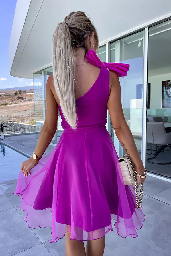 One Shoulder Oversized Bow Tulle Overlay Mini Dress