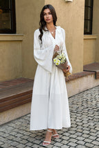 White Ruffle V Neck Wide Flared Sleeve Maxi Dress