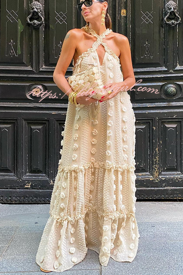 3D Floral Applique Halter Keyhole Tiered Maxi Dress