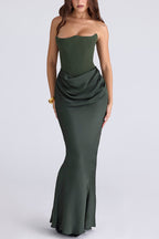 Attend The Gala Strapless Corset Satin Ruched Hip Drape Maxi Dress