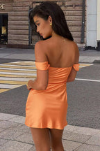 Strapless Off Shoulder Ruffled Satin Bodycon Mini Dress