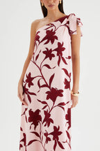 Botanical Print Sleeveless One-shoulder Tie-up Casual Vacation Maxi Dress