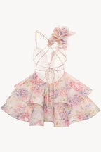 Deep V Neck Asymmetric Ruffle Tiered Oversized Floral Print Mini Dress