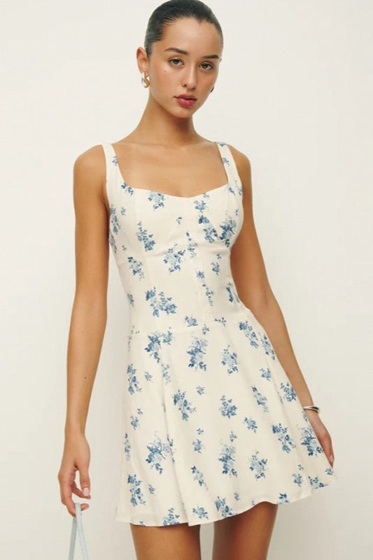 Floral Scoop Neck Tank Strap Fit and Flare Mini Dress