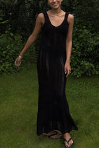 Crochet Scoop Neck Tank Strap Openwork Knit Bodycon Summer Maxi Dress