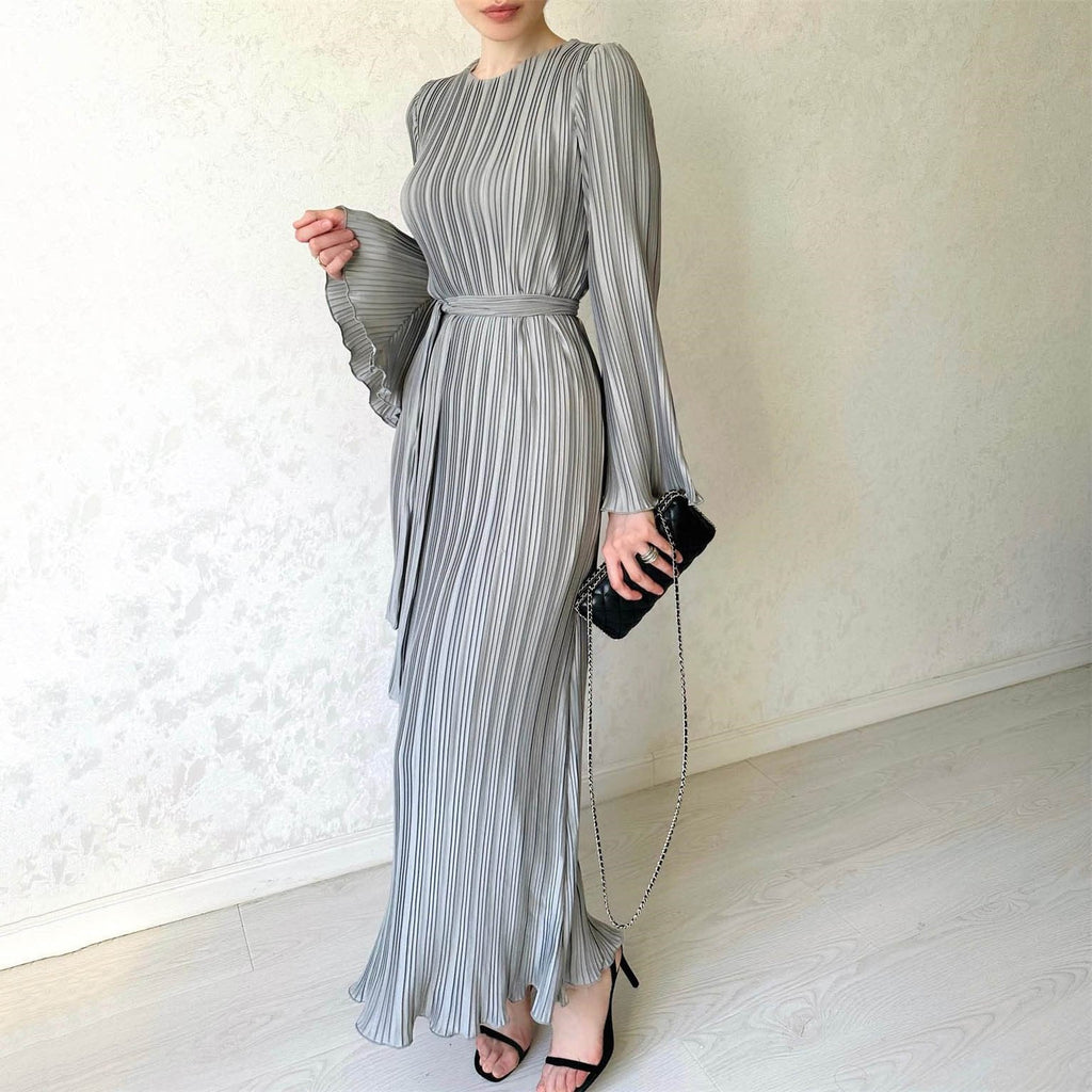 Micro Pleated Crew Neck Tie Belt Bell Sleeve Maxi Dress