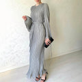 Micro Pleated Crew Neck Tie Belt Bell Sleeve Maxi Dress