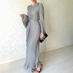 Micro Pleated Crew Neck Tie Belt Bell Sleeve Maxi Dress