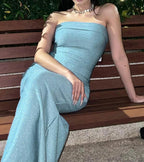 Glitter Strapless Foldover Neckline Side Ruched Tube Maxi Dress
