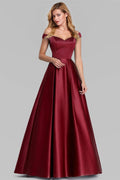 Off Shoulder Cap Sleeve Pleated Satin Ball Gown Maxi Dress