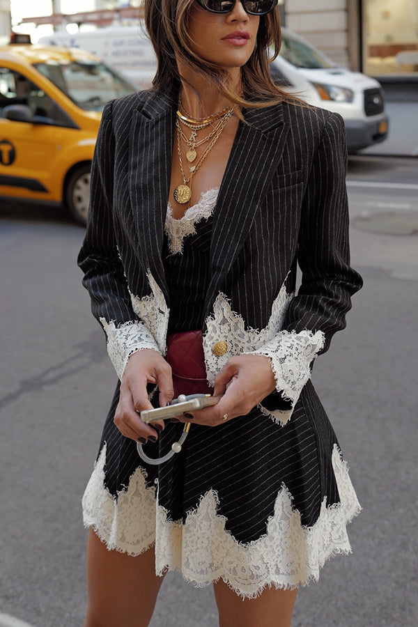 Pinstripe Lace Trim Cropped Blazer and Mini Skirt Two Piece Set