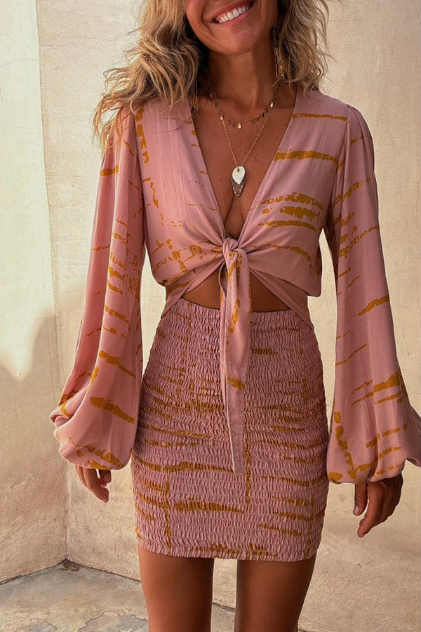 Abstract Print Balloon Sleeve Tie Front Smocked Mini Skirt Two Piece Set