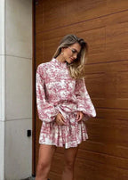 Mock Neck Puff Sleeve Toile Print Button Front Tie Waist Mini Dress