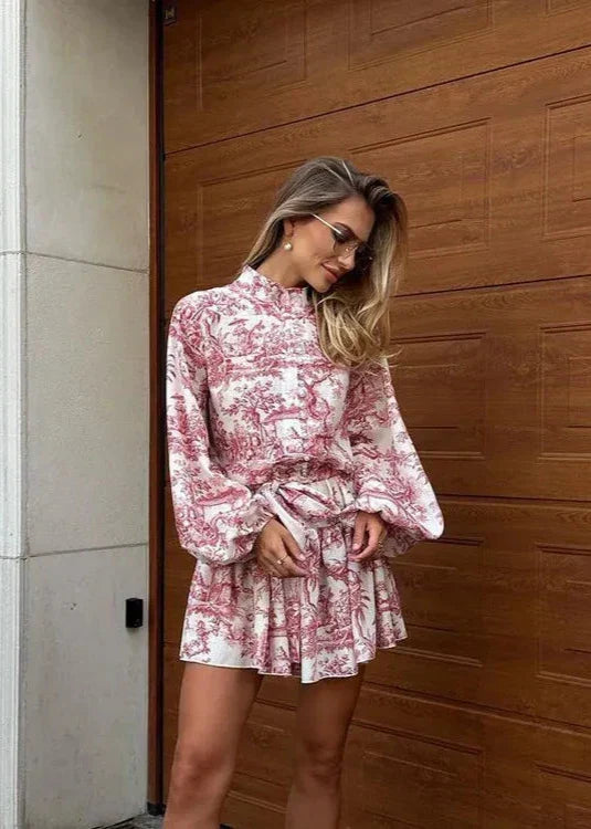 Mock Neck Puff Sleeve Toile Print Button Front Tie Waist Mini Dress