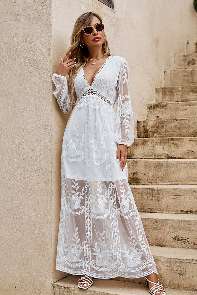 White Deep V Neck Embroidered Mesh Balloon Sleeve Empire Waist Maxi Dress