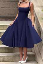 Square Neck Wide Strap Pleated Fit and Flare Midi Dress