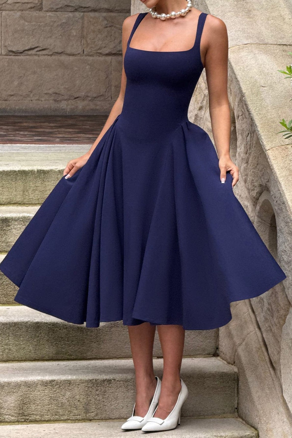 Square Neck Wide Strap Pleated Fit and Flare Midi Dress