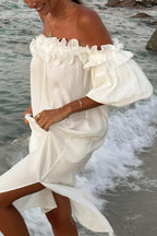 Seaside Street Fashionable Linen Blended Off Shoulder Ruffles Bubble Sleeves Pocket Flute Dress