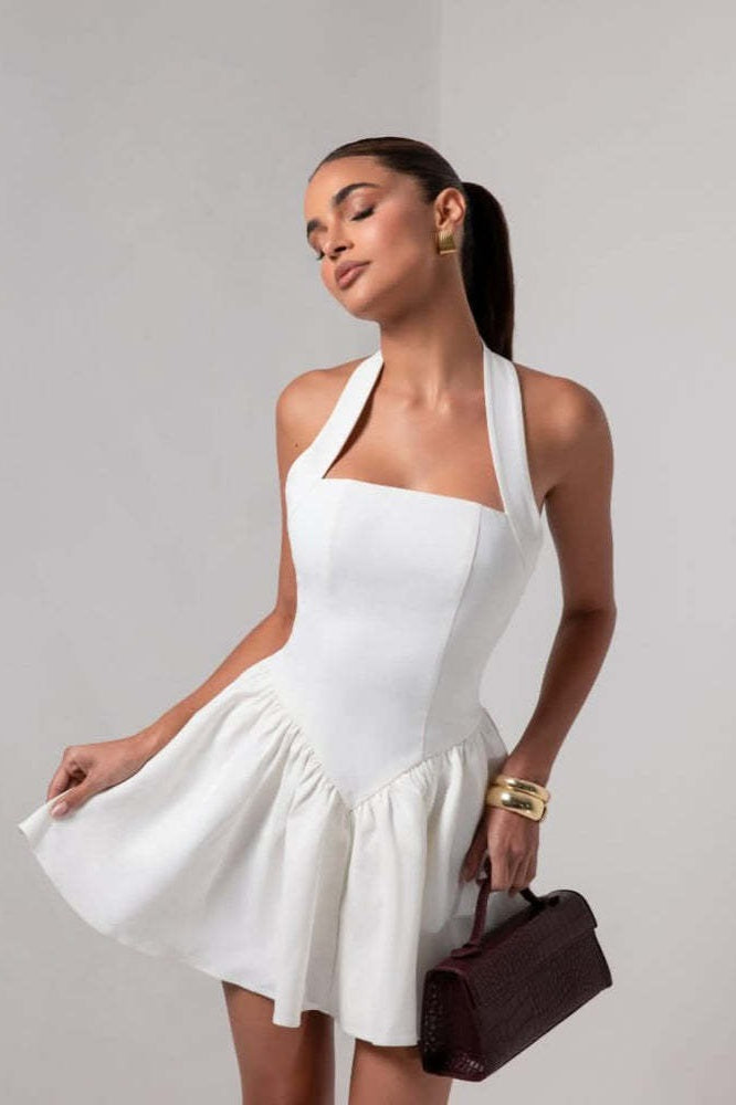 Halter Neck Square Neckline Fit and Flare Structured Mini Dress