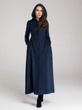 Wool Blend Coat With Hood Dark Navy A-line Flared Maxi Outerwear For Women 2026