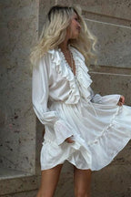 Ruffled Deep V-Neck Long Sleeve Ruffle Cuff Tiered Mini Dress