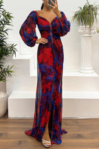 Off Shoulder Bishop Sleeve Jewel Embellished Plisse Abstract Print Maxi Gown