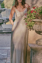 Polka Dot Spaghetti Strap Rosette Applique Slip Maxi Dress