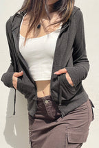 Gray Hooded Zip-Up Cropped Hoodie