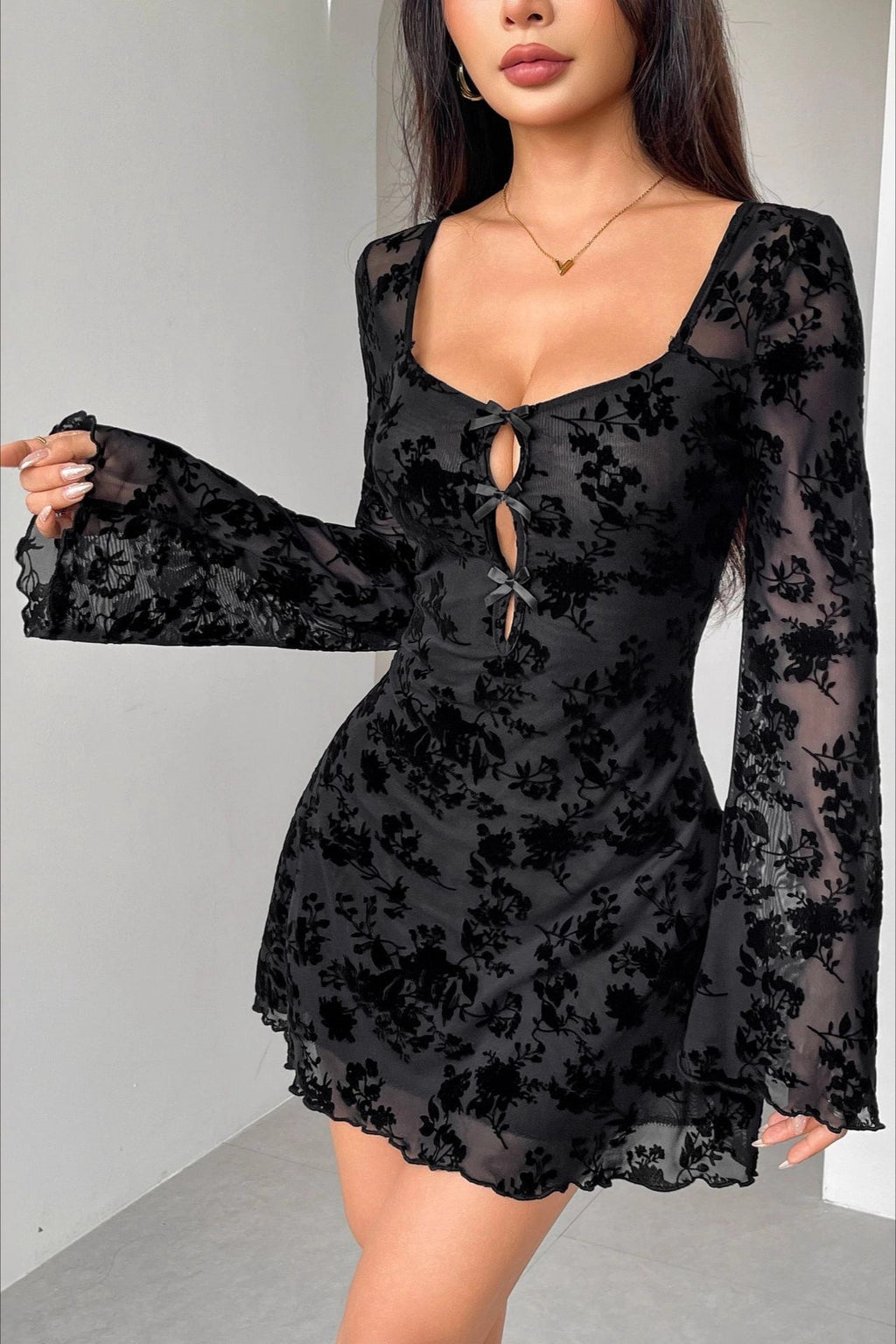 Black Sweetheart Neck Bow Detail Keyhole Flocked Floral Mesh Bell Sleeve Mini Dress