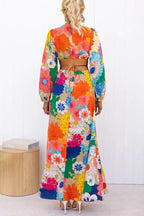 Floral Print Lantern Sleeve Waist Cut Out Maxi Dress