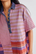Denim Collar Striped Patchwork Polo Rugby Mini Dress