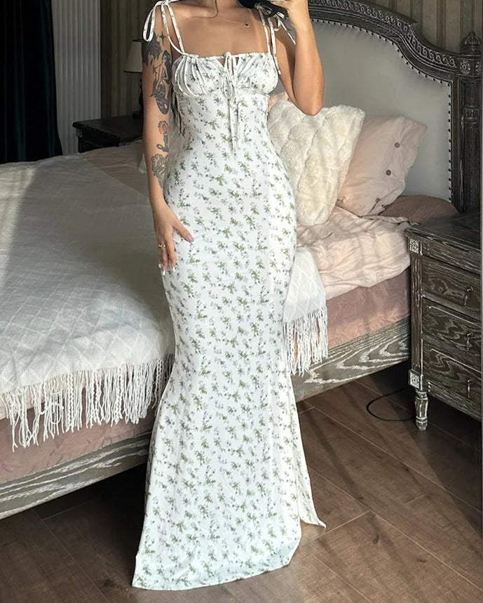 Floral Print Spaghetti Strap Sweetheart Lace Up Backless Maxi Dress