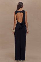 Cowl Neck Draped Knot Waist High Split Sleeveless Formal Maxi Gown
