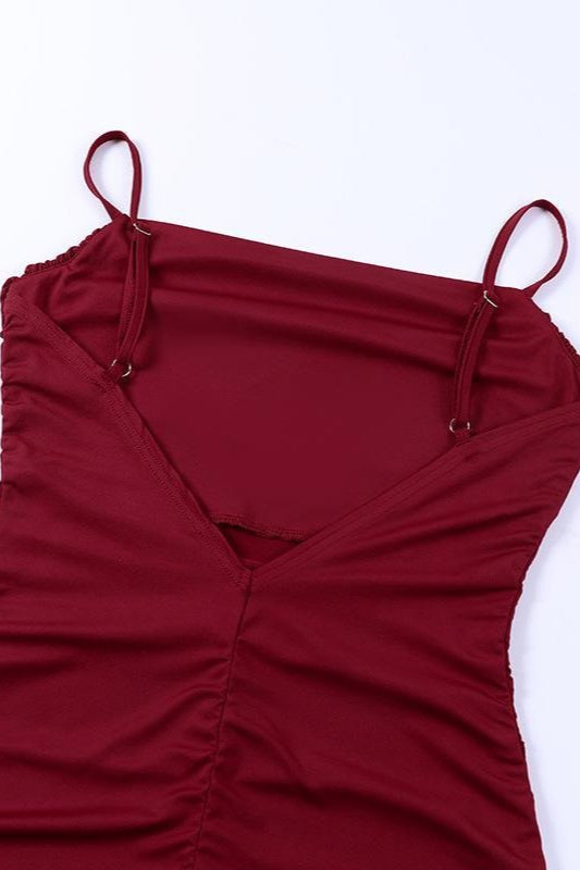 Knit Cowl Neck Spaghetti Strap Ruched Bodycon Mini Dress