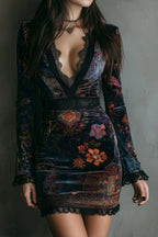 Elegant Velvet Floral Print V-neck Long-sleeved Slim-fit Mini Dress