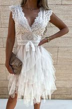 Gabriela Timeless Sleeveless Layered Lace Midi Dress with V Neck Evening Wear Edit