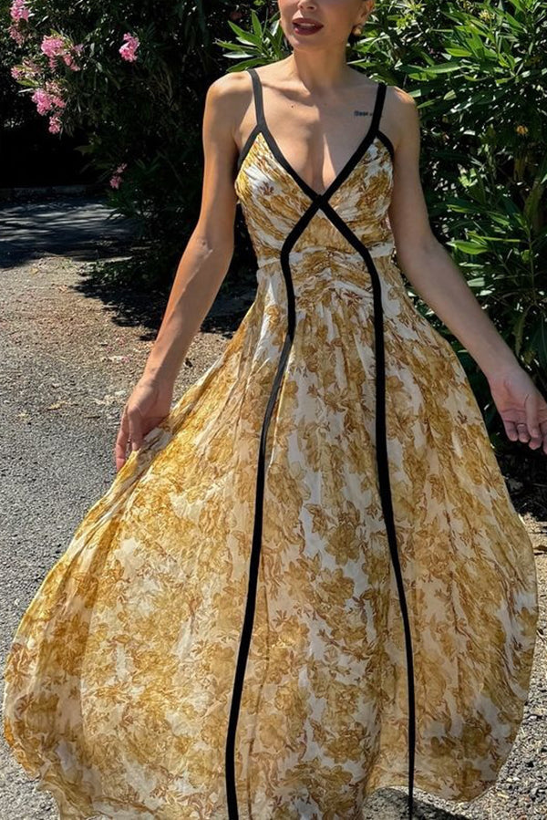 Floral Print Spaghetti Strap Contrast Trim Pleated Maxi Dress