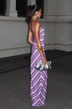 Purple Halter Neck Horizontal Diagonal Stripe Chevron Maxi Dress